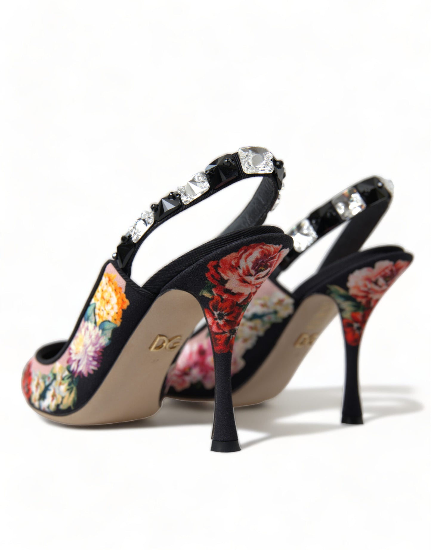 Tacones florales con tira trasera y detalles de cristal de lujo