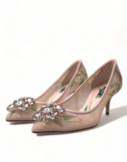 Elegantes zapatos de tacón de cristal floral rosa