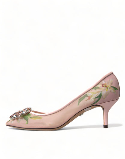 Elegantes zapatos de tacón de cristal floral rosa