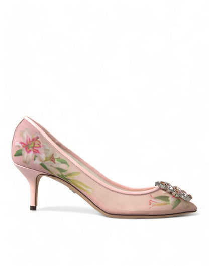 Elegantes zapatos de tacón de cristal floral rosa