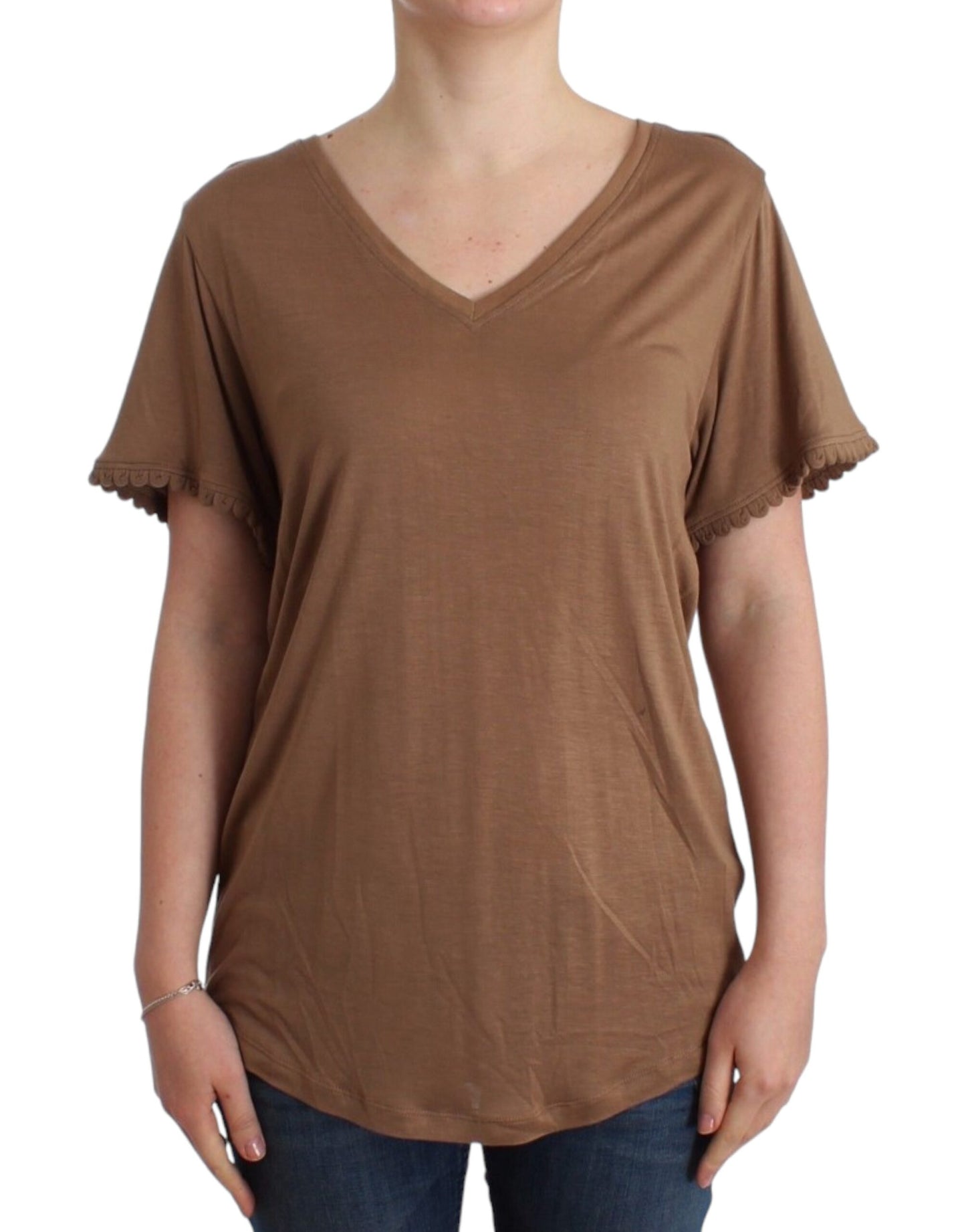 Elegant Short-Sleeved Brown Rayon Top