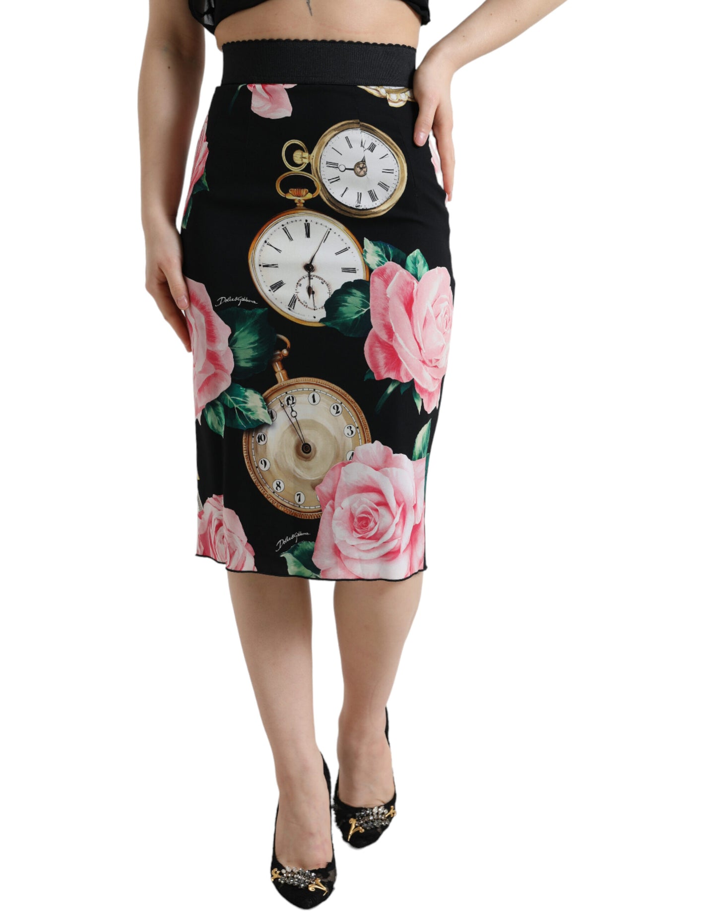 High Waist Silk Pencil Midi Skirt with Floral Print