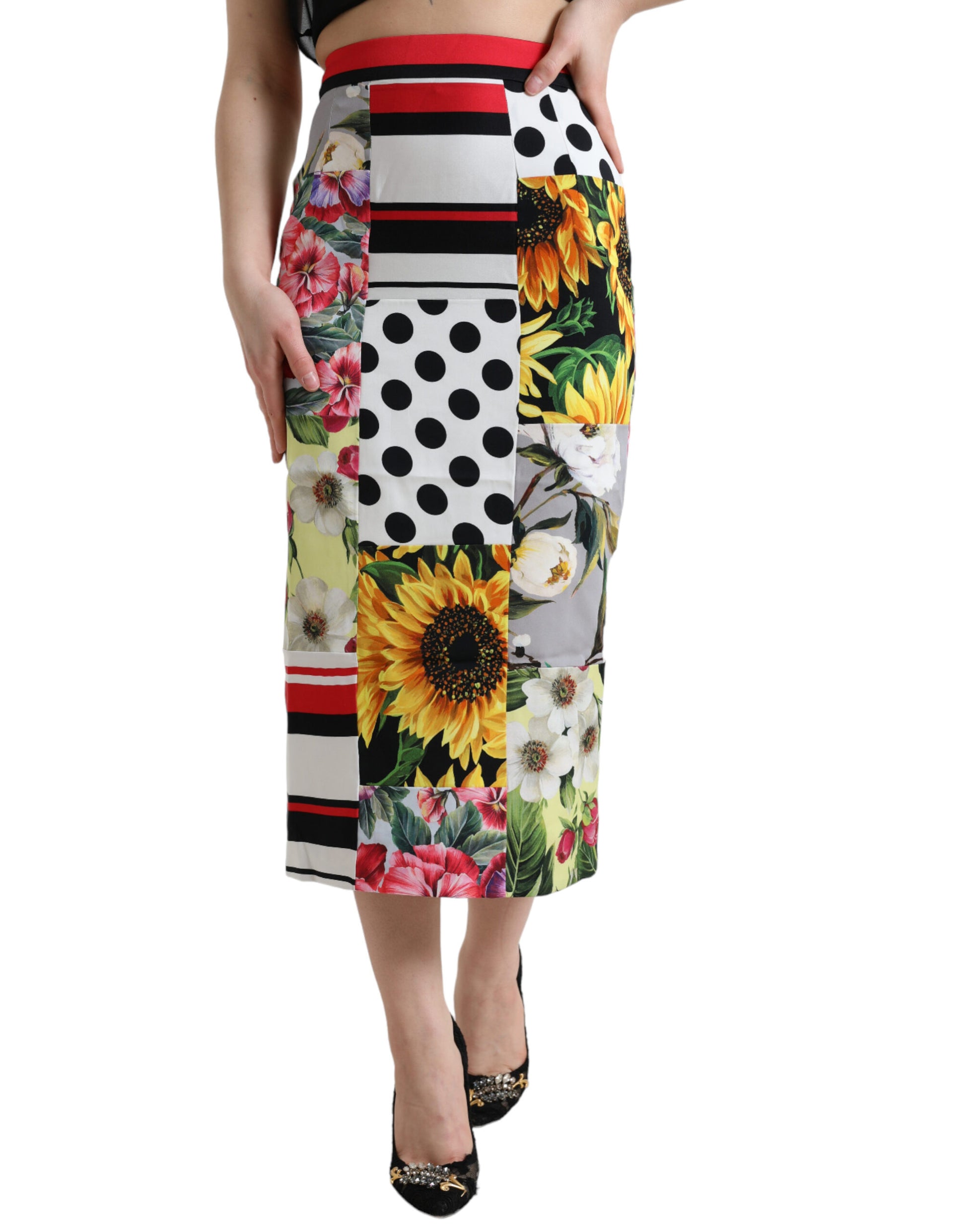 Glamoureuze midi-rok met patchwork en hoge taille