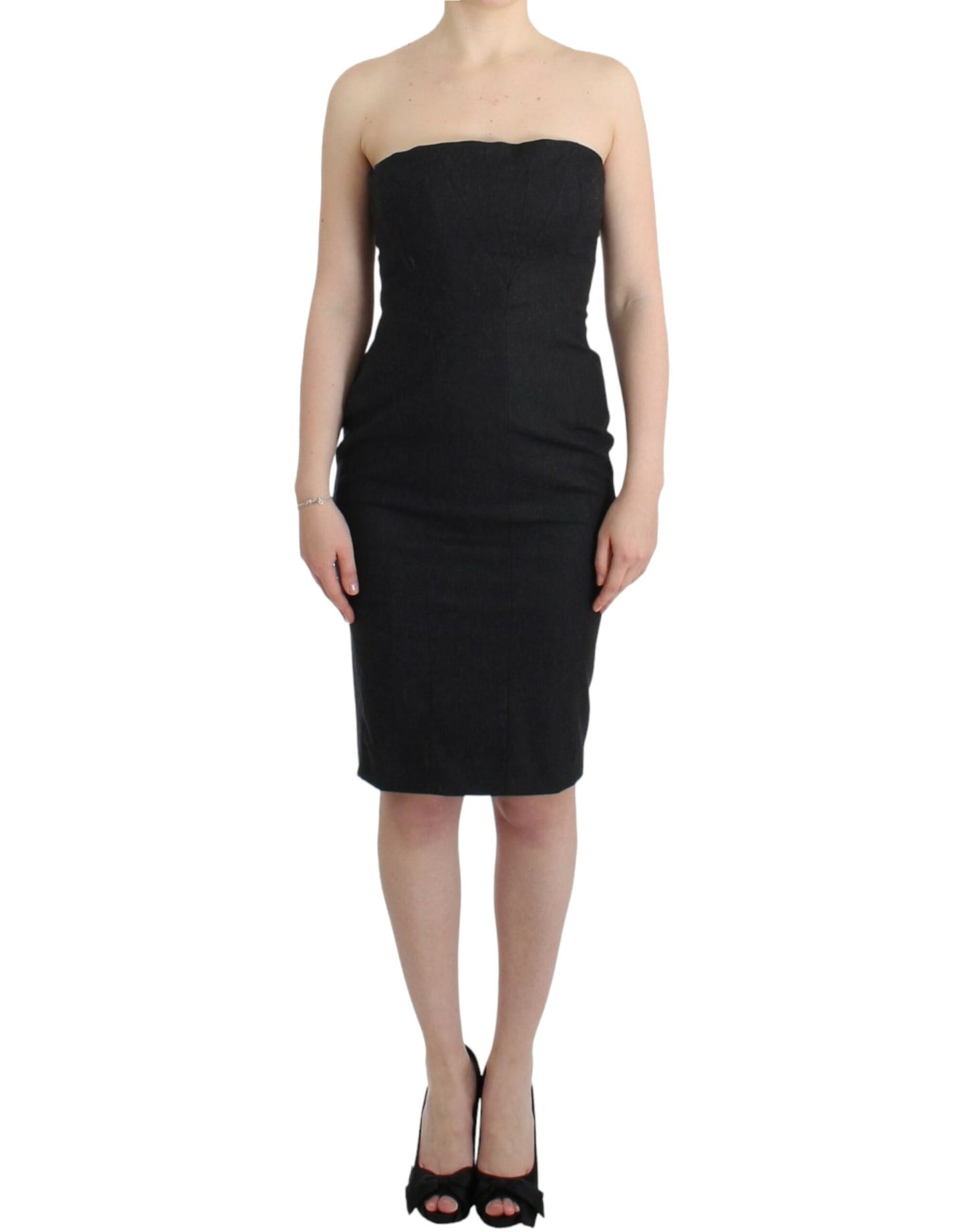 Elegante grijze strapless jurk met gouden accenten