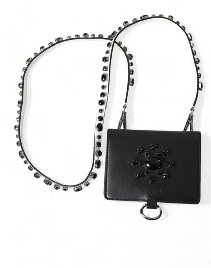 Elegante cartera tarjetero de cuero negro con cristales