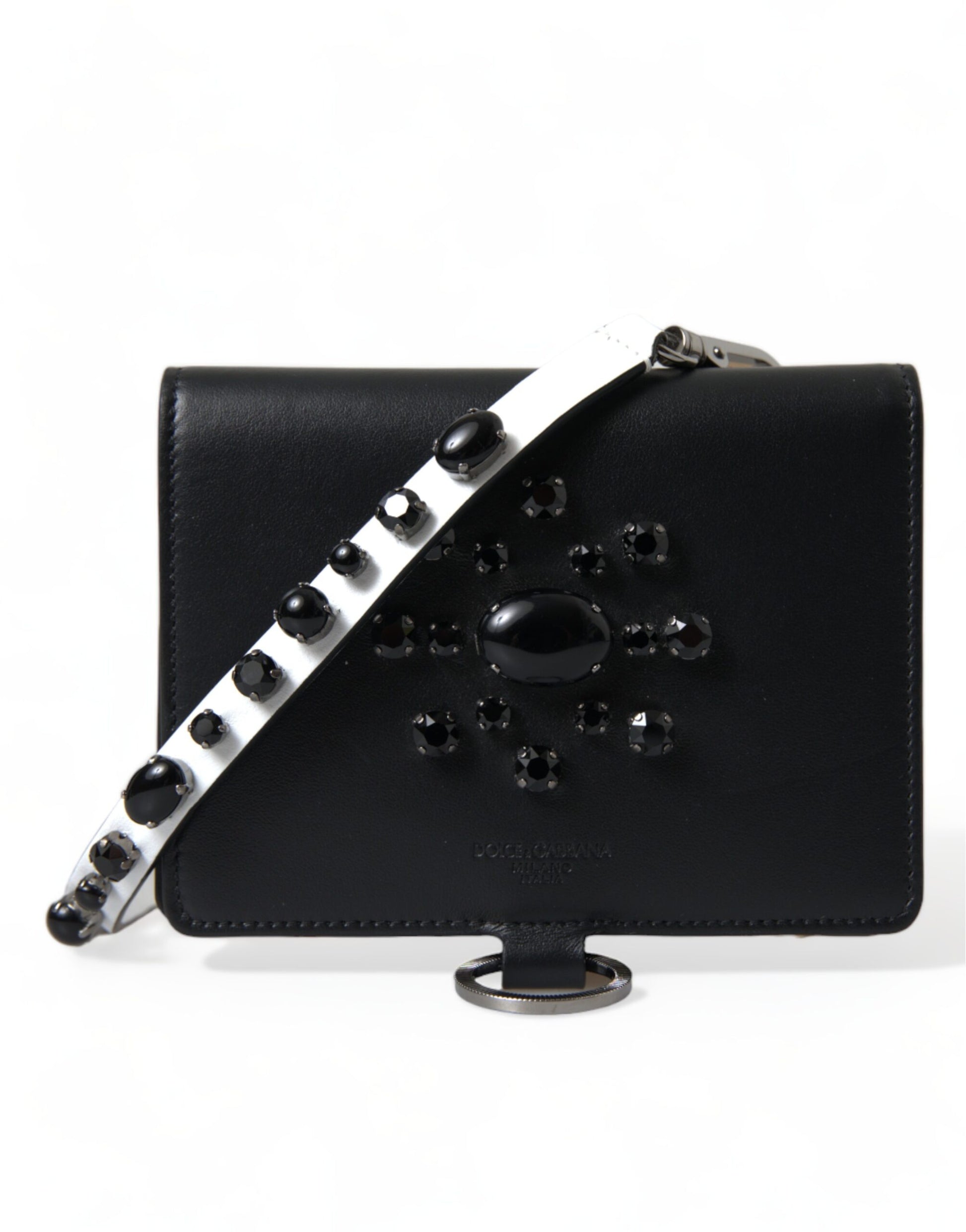 Elegante cartera tarjetero de cuero negro con cristales