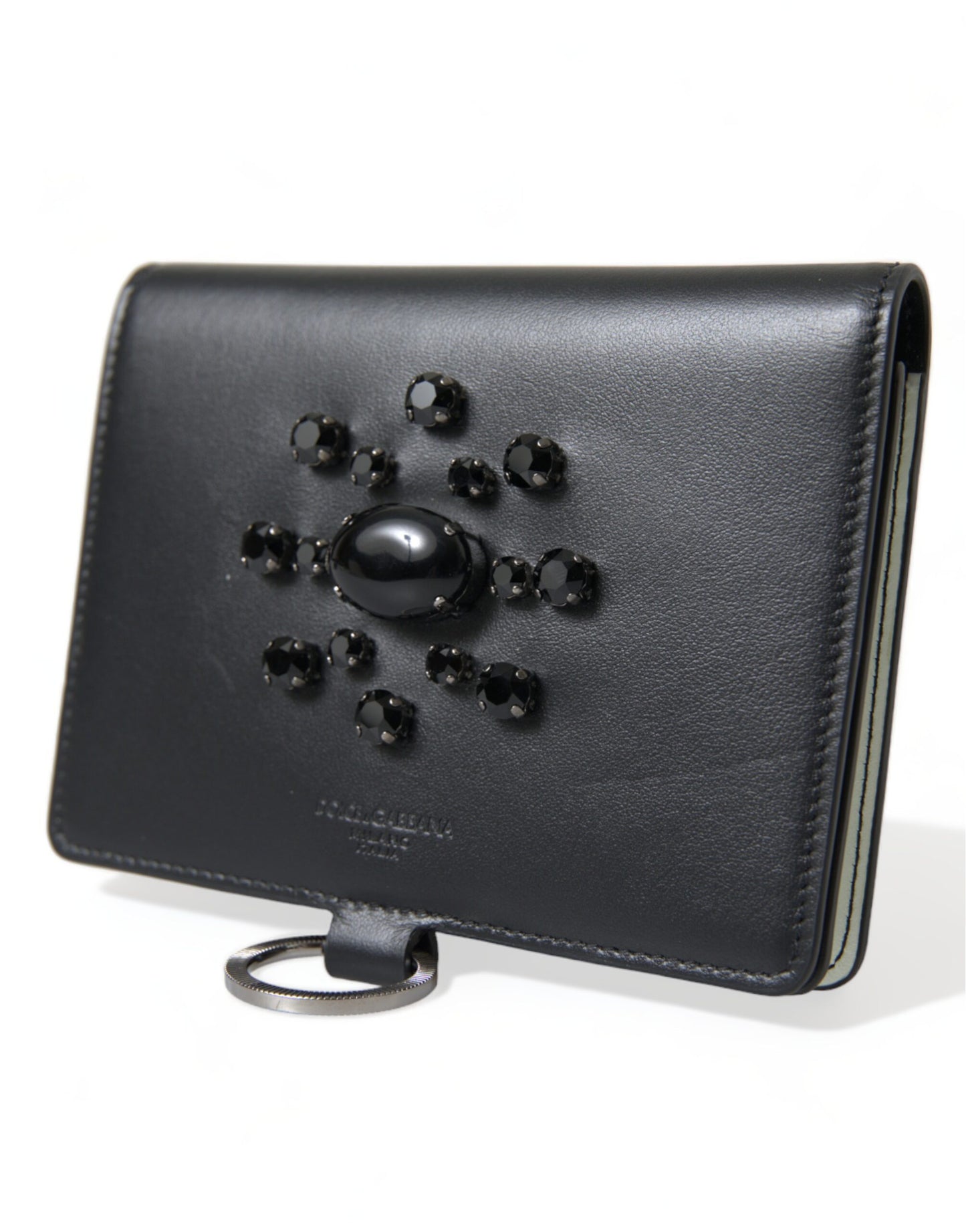 Elegante cartera tarjetero de cuero negro con cristales