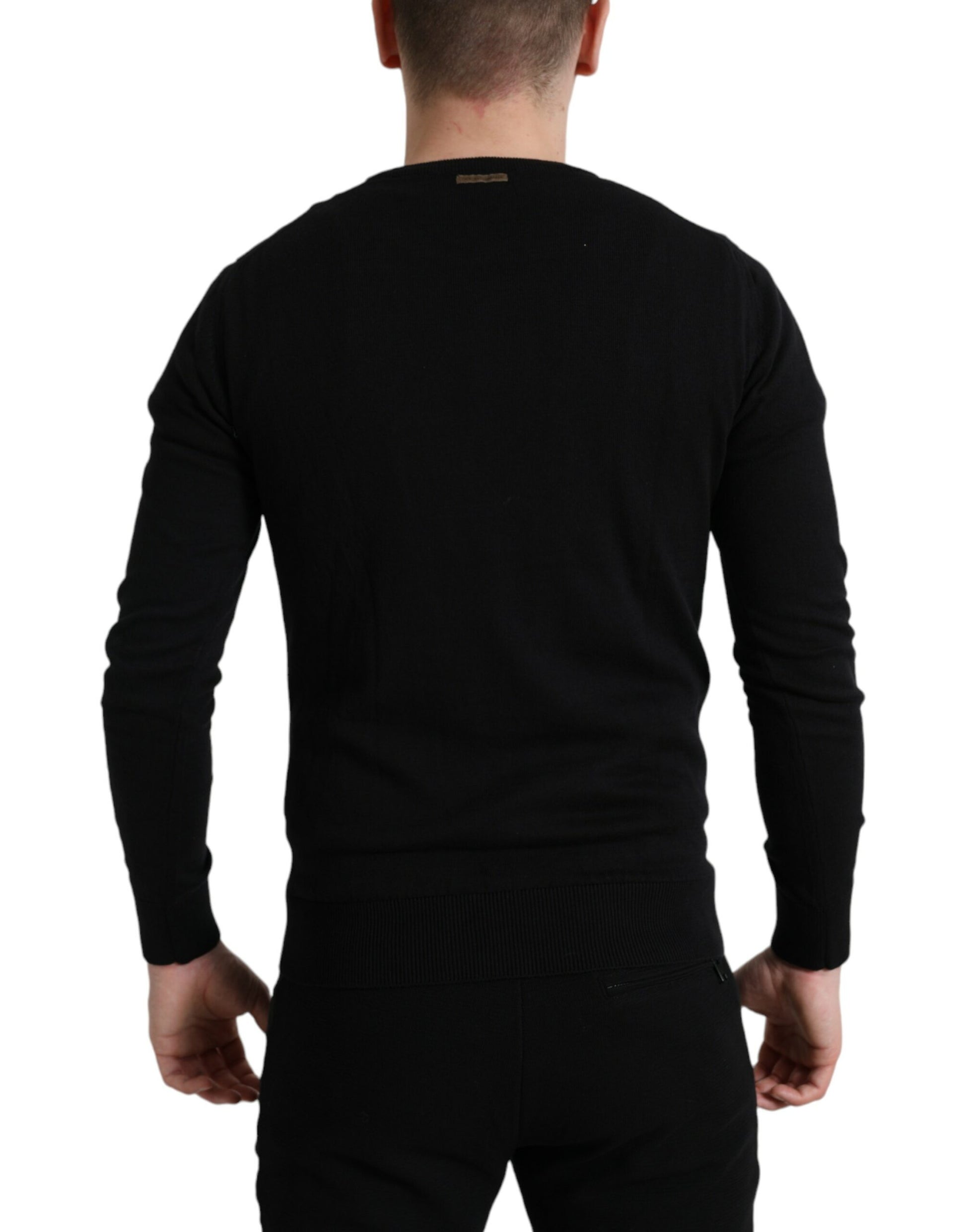 Elegant Black Cotton Crewneck Pullover Sweater