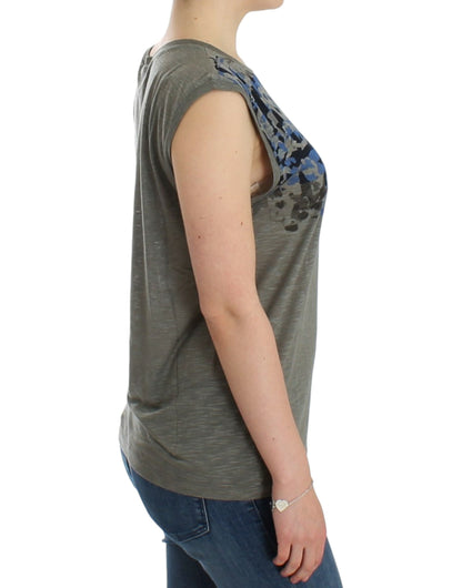 Chic Sleeveless Gray Top with Blue Detailing