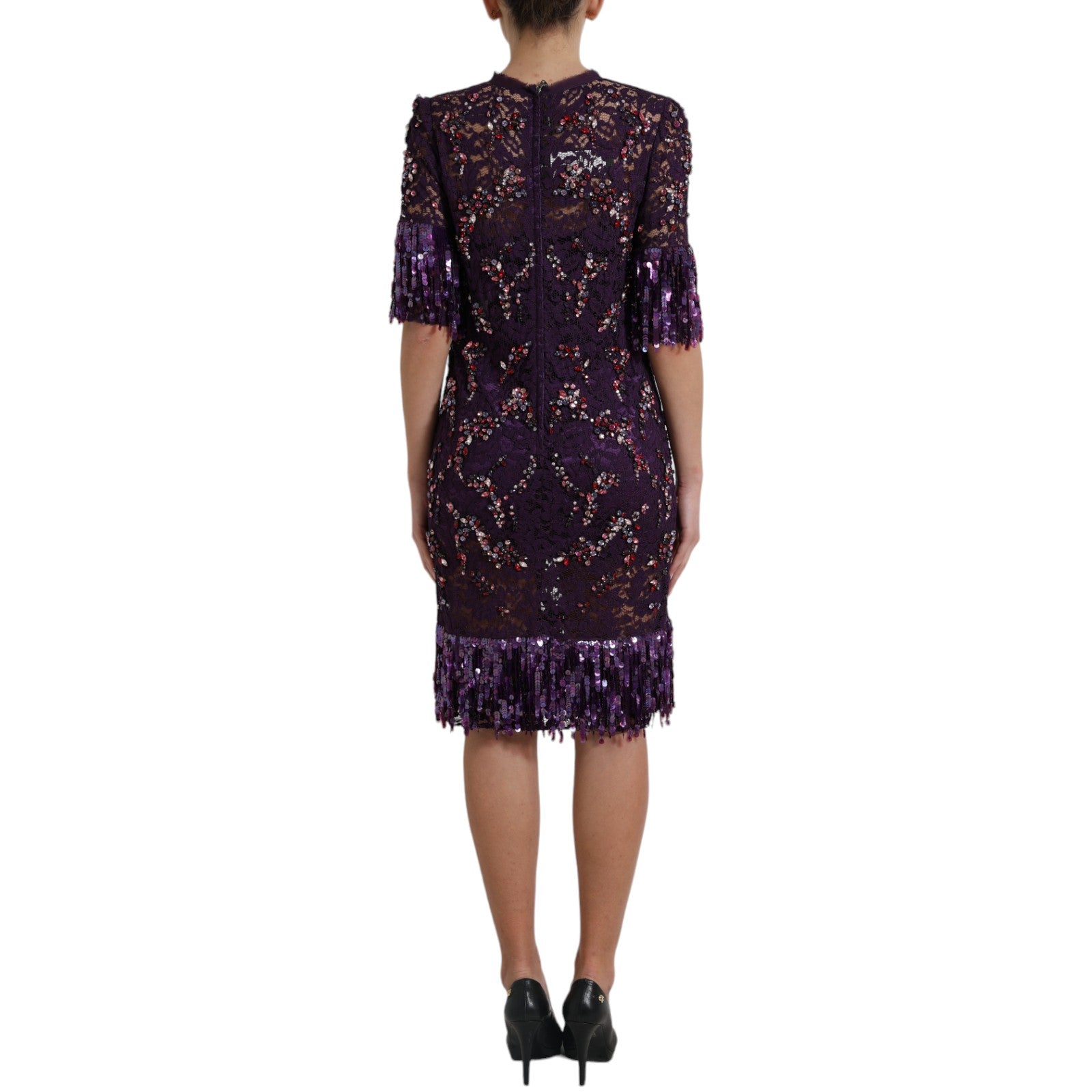 Elegant Purple Floral Lace Crystal Dress