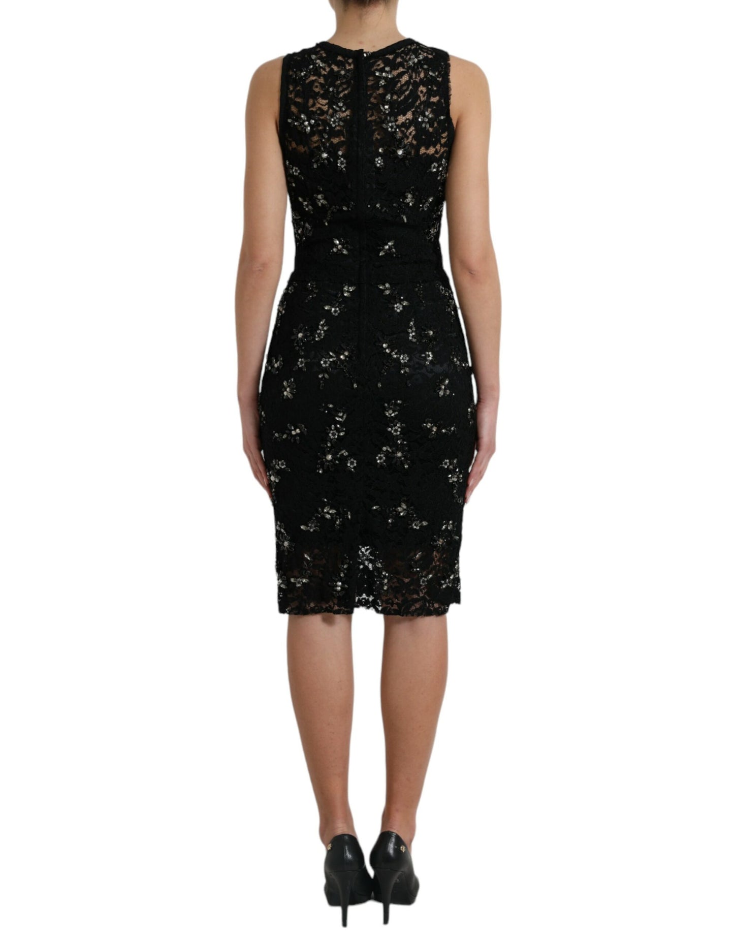 Exquisito vestido tubo de cristal con encaje floral negro