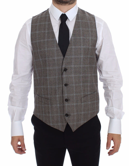 Elegant Brown Checkered Wool Dress Vest