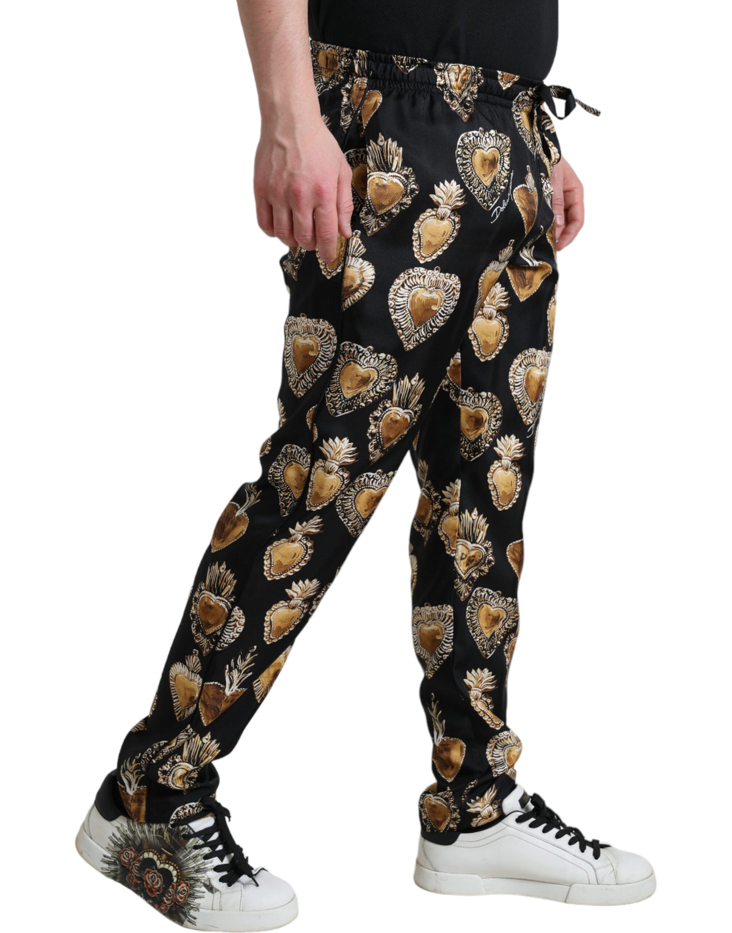 Pantalones de pijama de seda con estampado de corazones elegantes