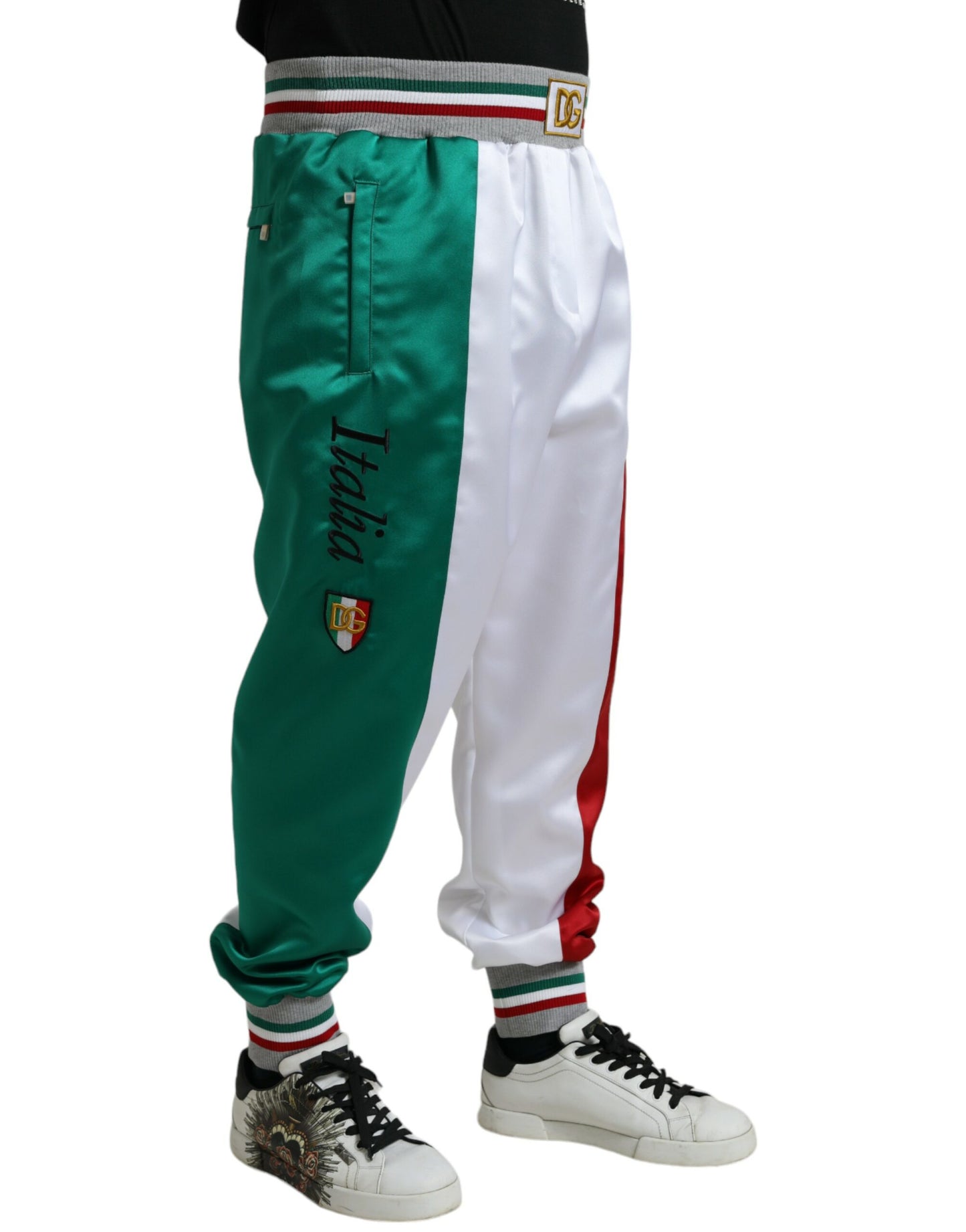 Veelkleurige Italiaanse patch-slanke joggingbroek