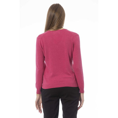 Jersey de cachemir de punto de canalé con cuello de pico fucsia