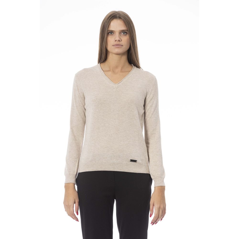 Elegante suéter beige con cuello en V – Cosy &amp; Chic