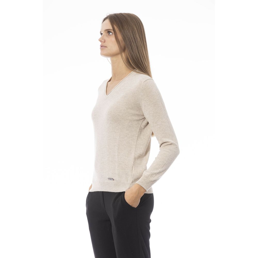 Elegante suéter beige con cuello en V – Cosy &amp; Chic