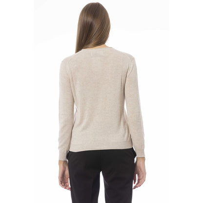 Elegante suéter beige con cuello en V – Cosy &amp; Chic