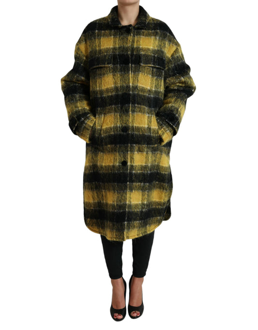 Chic Plaid Long Coat in Sunshine Yellow