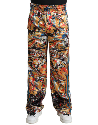 Elegant Satin Track Pants in Multicolor Marble