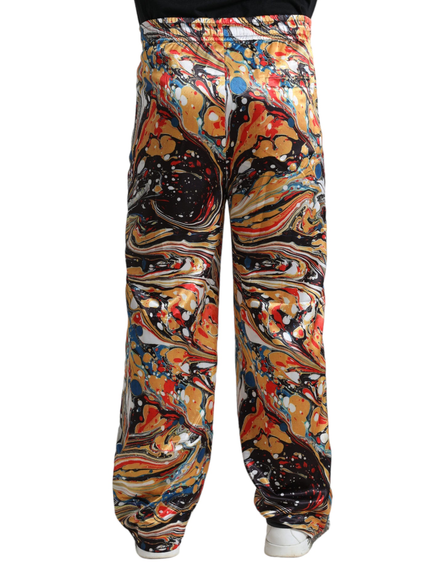 Elegantes pantalones deportivos de satén en mármol multicolor