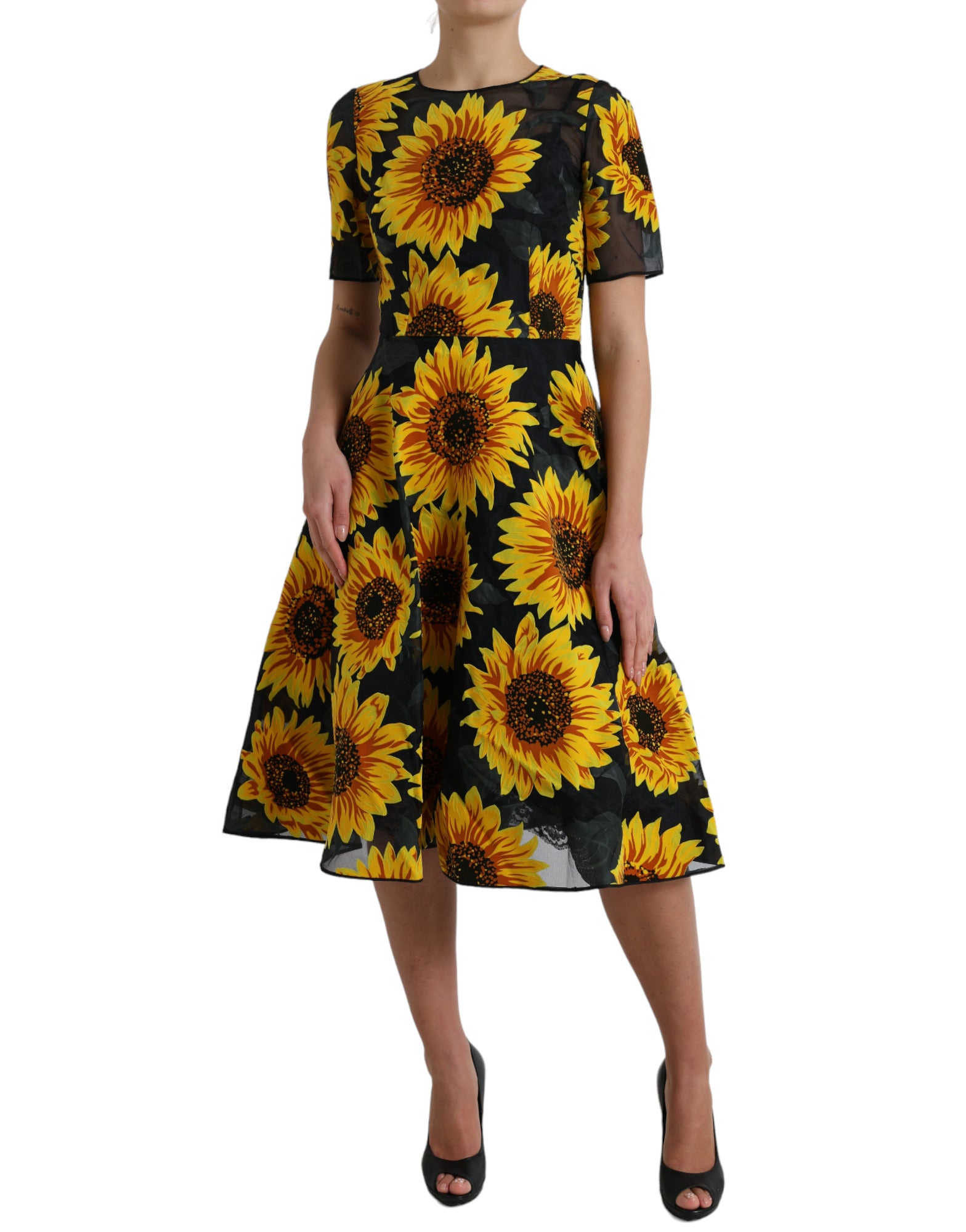 Vestido midi acampanado de girasol veraniego