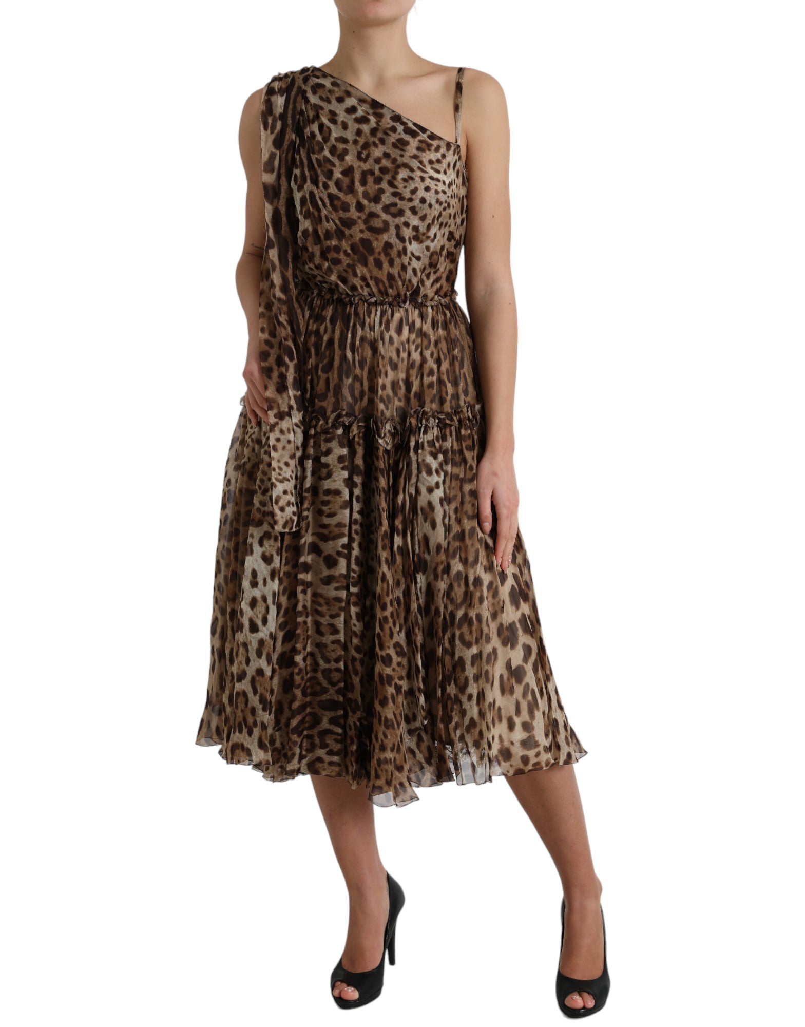 Elegante vestido midi de leopardo con un solo hombro