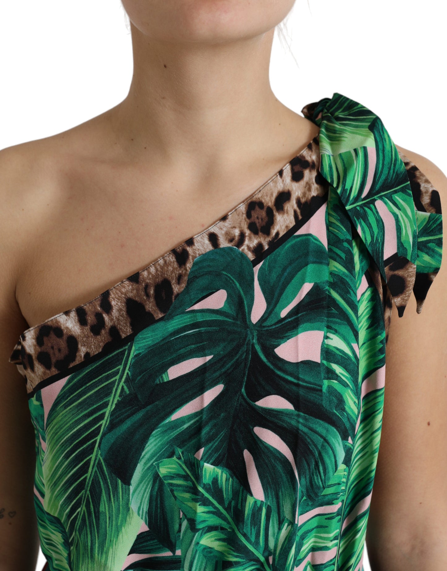 Groene tropische jungle print één schouder midi-jurk