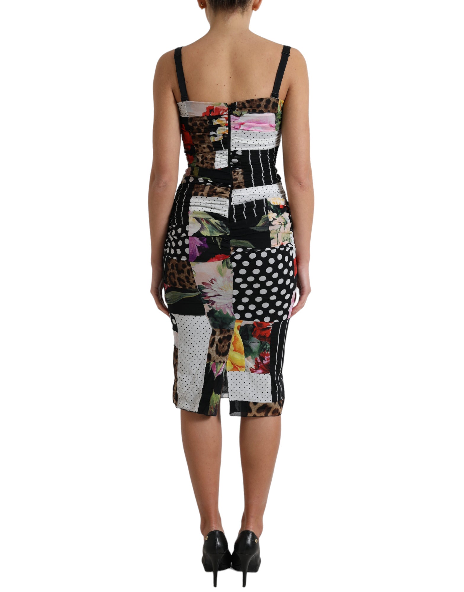 Veelkleurige patchwork midi bodycon-jurk met bloemenluipaard