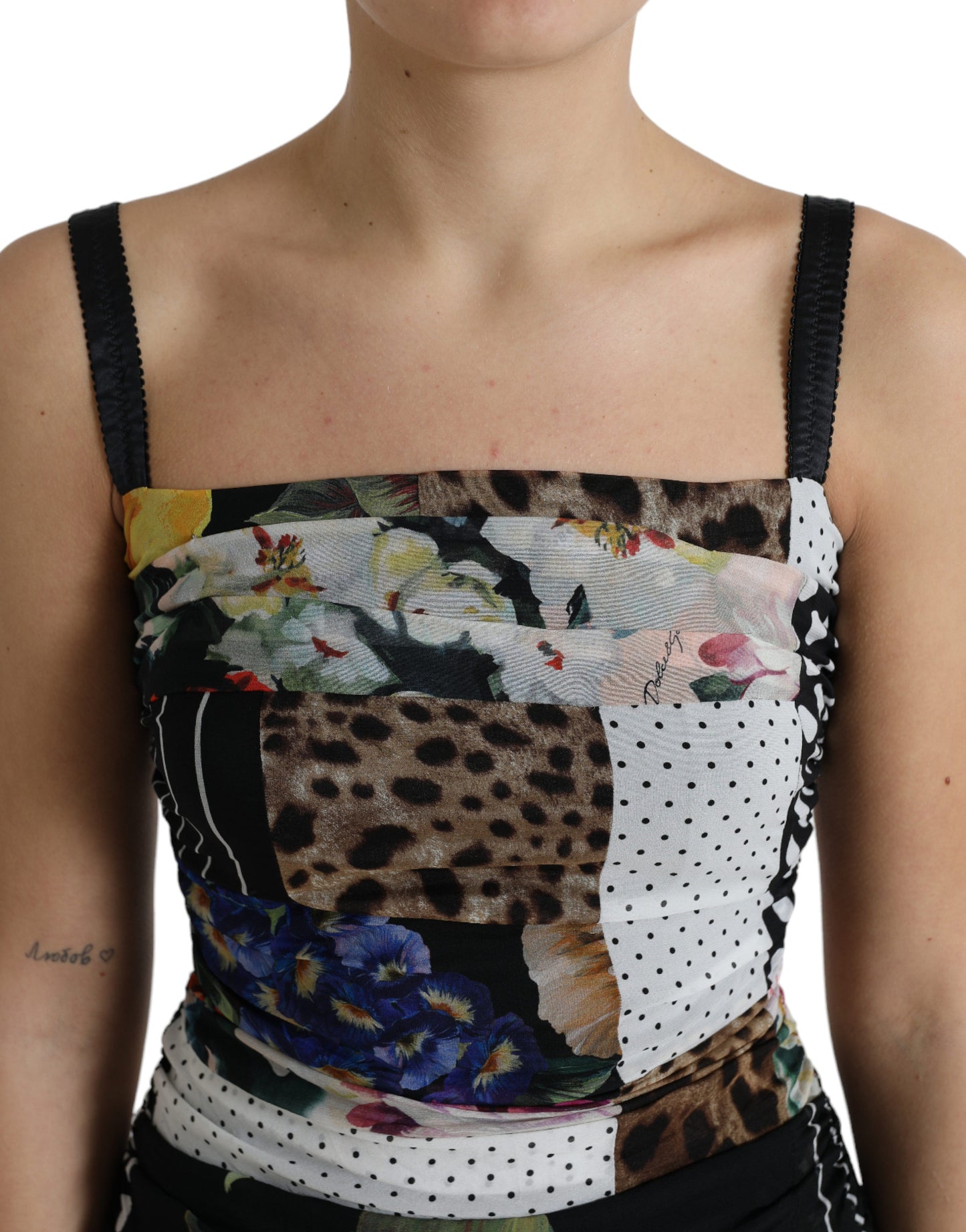 Veelkleurige patchwork midi bodycon-jurk met bloemenluipaard