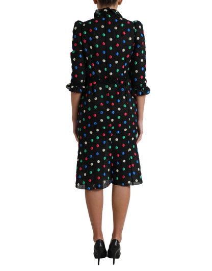 Elegant High Neck Polka Dot Midi Dress