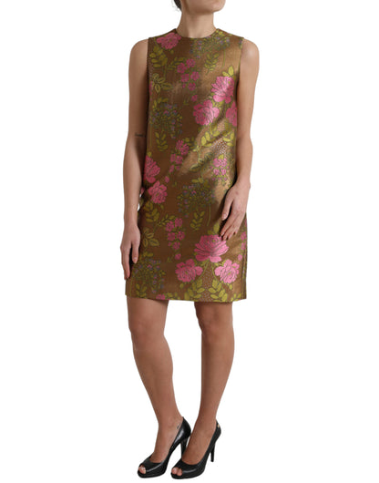 Bruine mouwloze mini-jurk van jacquard met bloemen