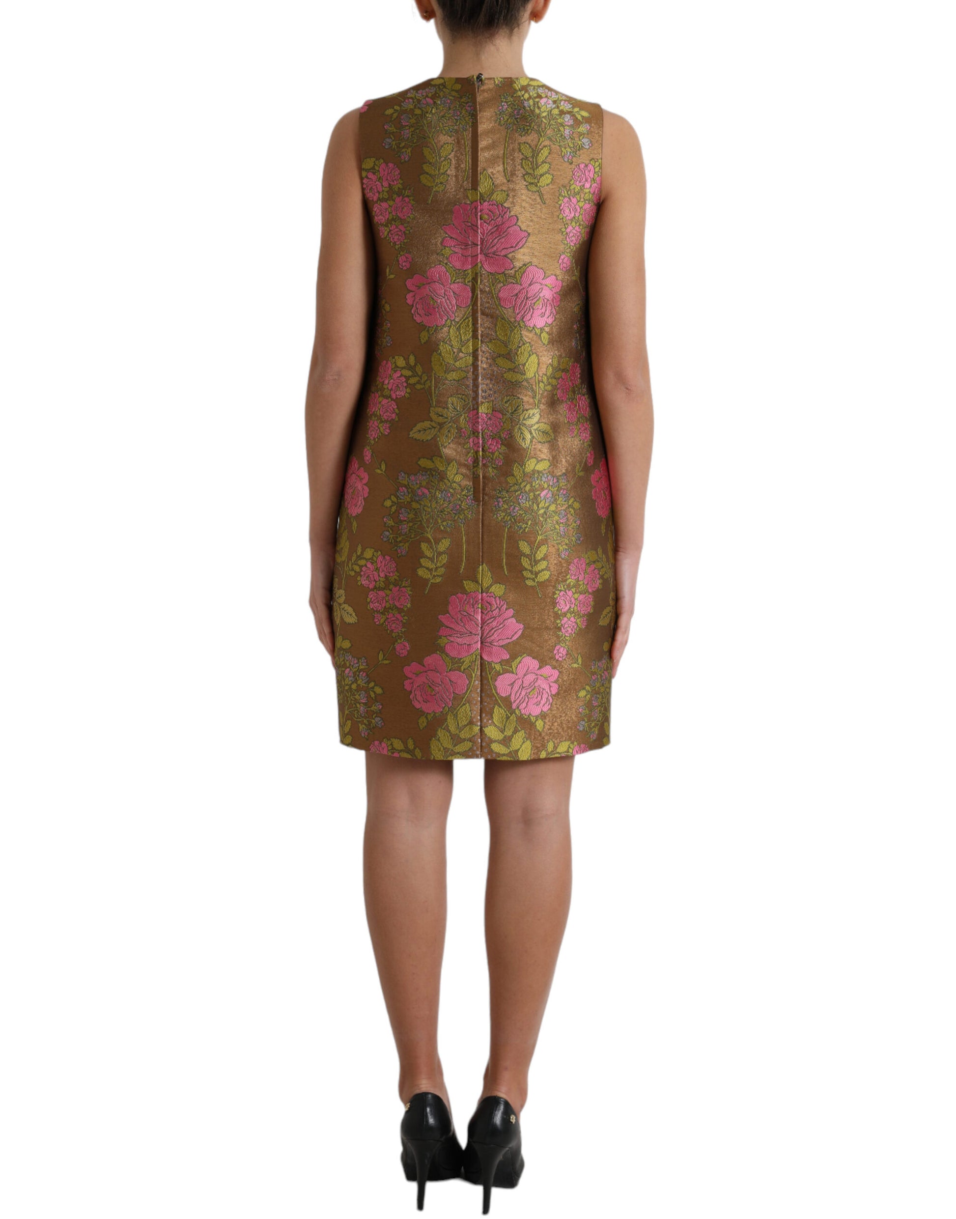 Bruine mouwloze mini-jurk van jacquard met bloemen