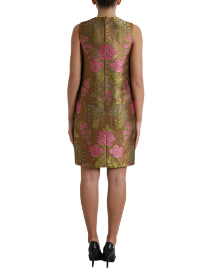 Bruine mouwloze mini-jurk van jacquard met bloemen