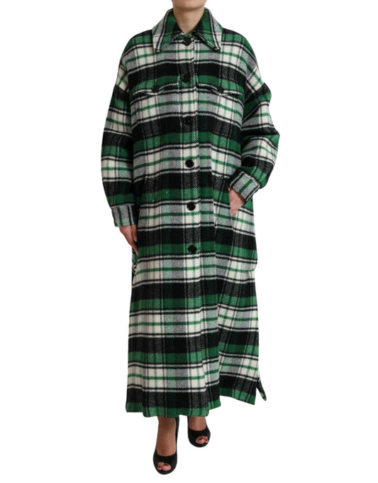 Elegant Green Plaid Long Coat