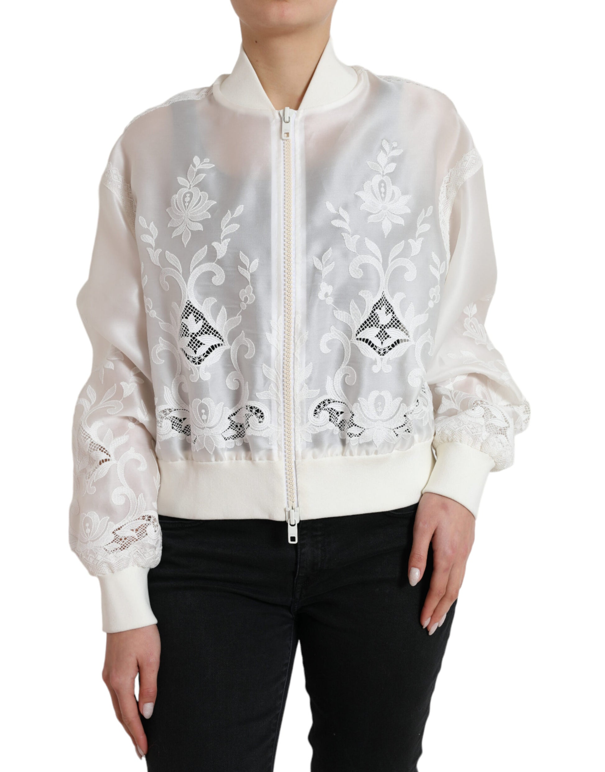 Elegante chaqueta bomber de seda blanca