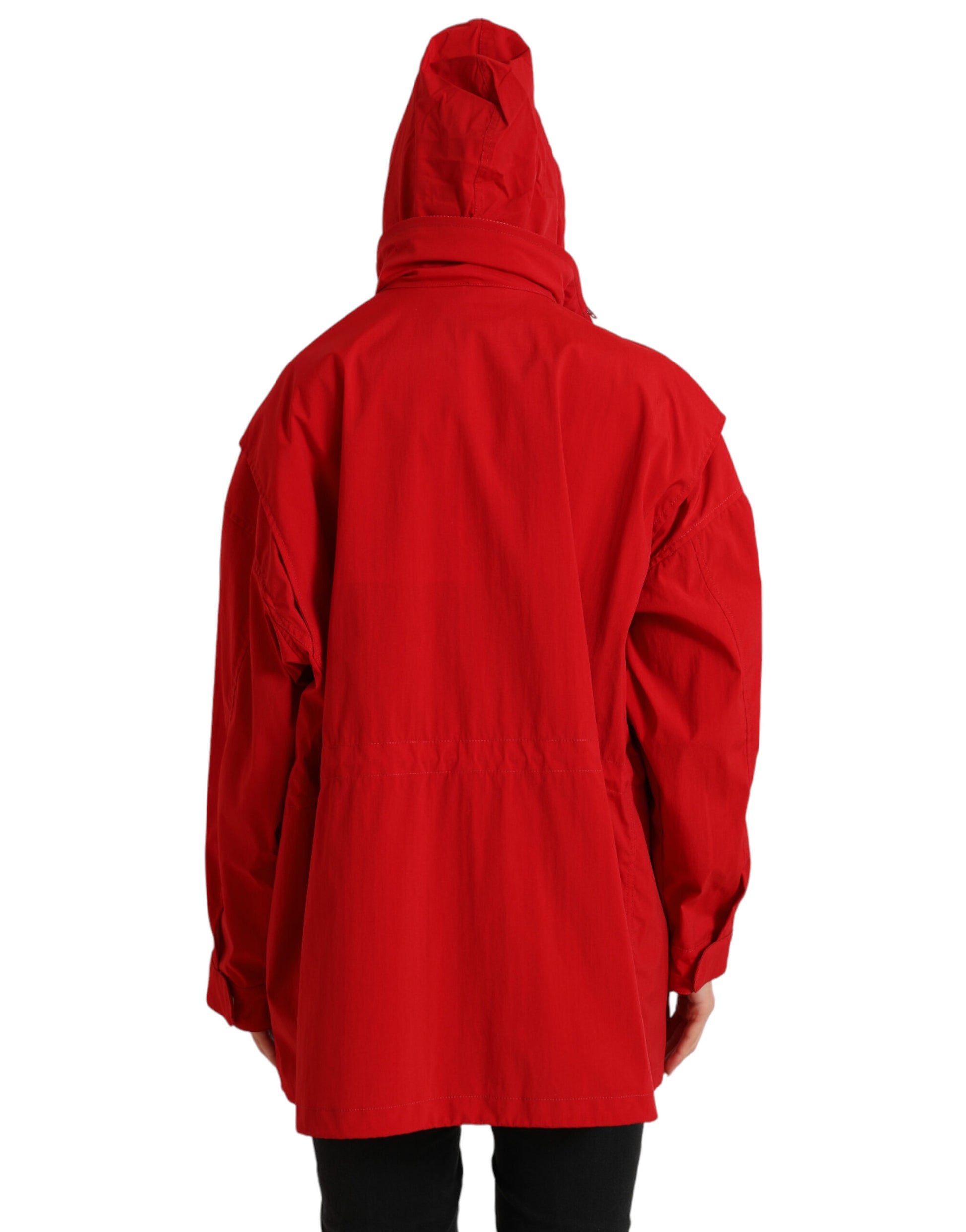 Rood polyester regenjas met capuchon en knopen