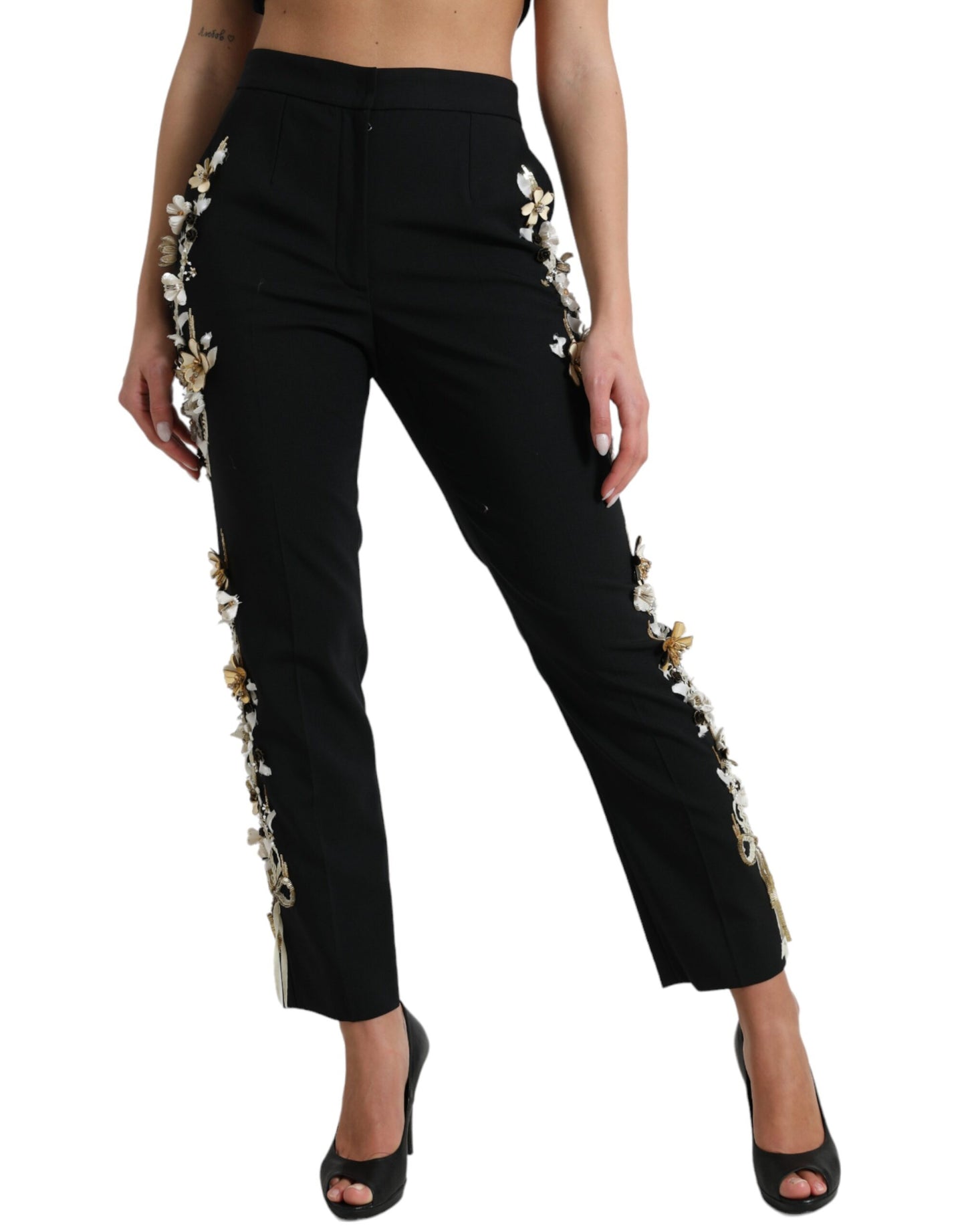 Zwarte bloemenapplique taps toelopende broek met hoge taille