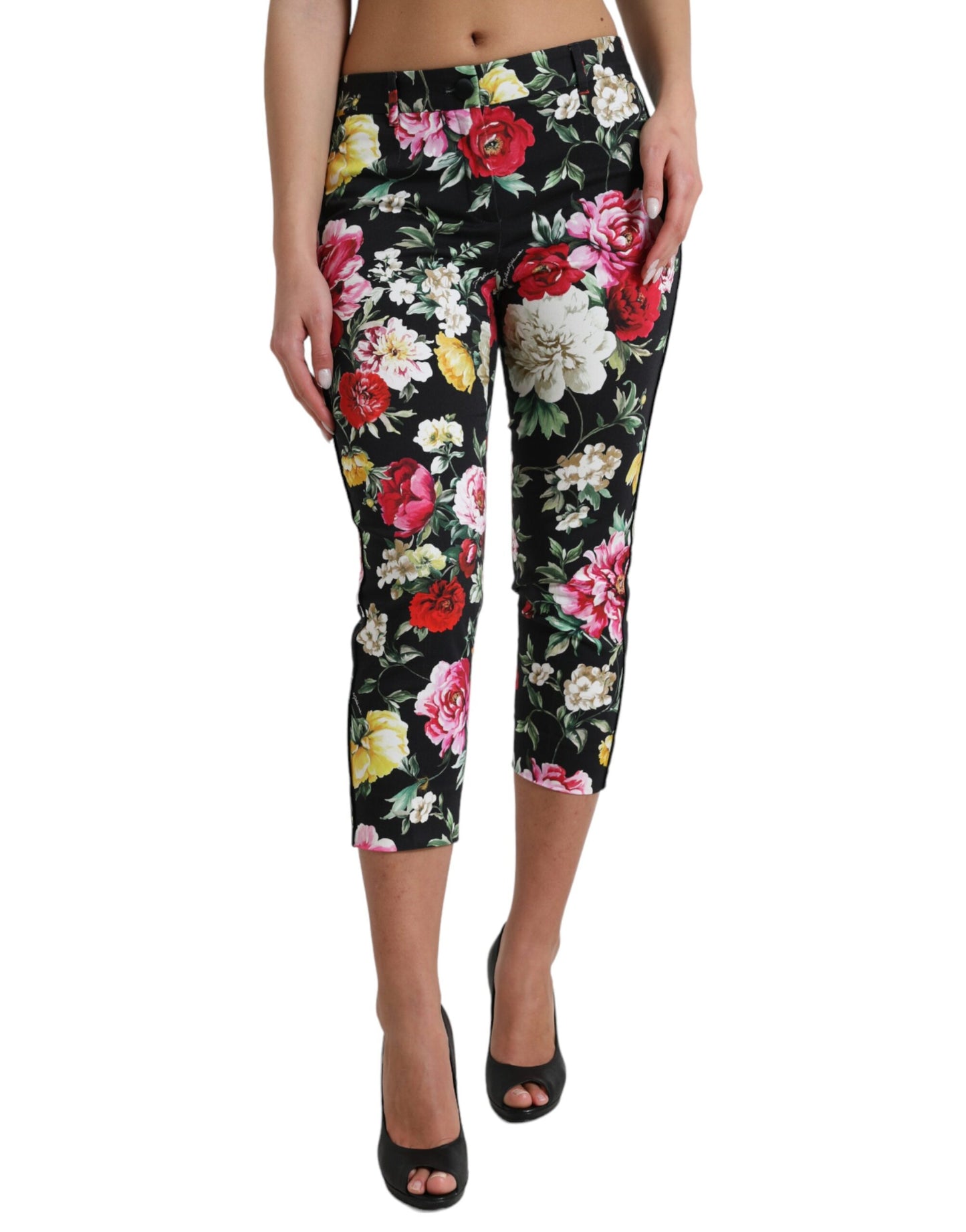 Zwarte cropped broek met middentaille en bloemenprint