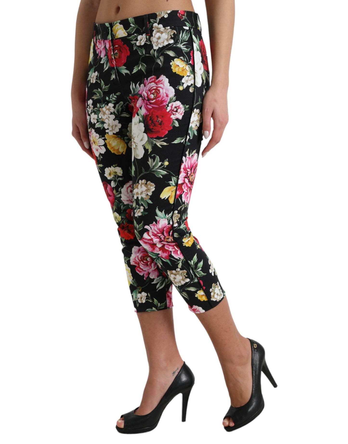 Zwarte cropped broek met middentaille en bloemenprint