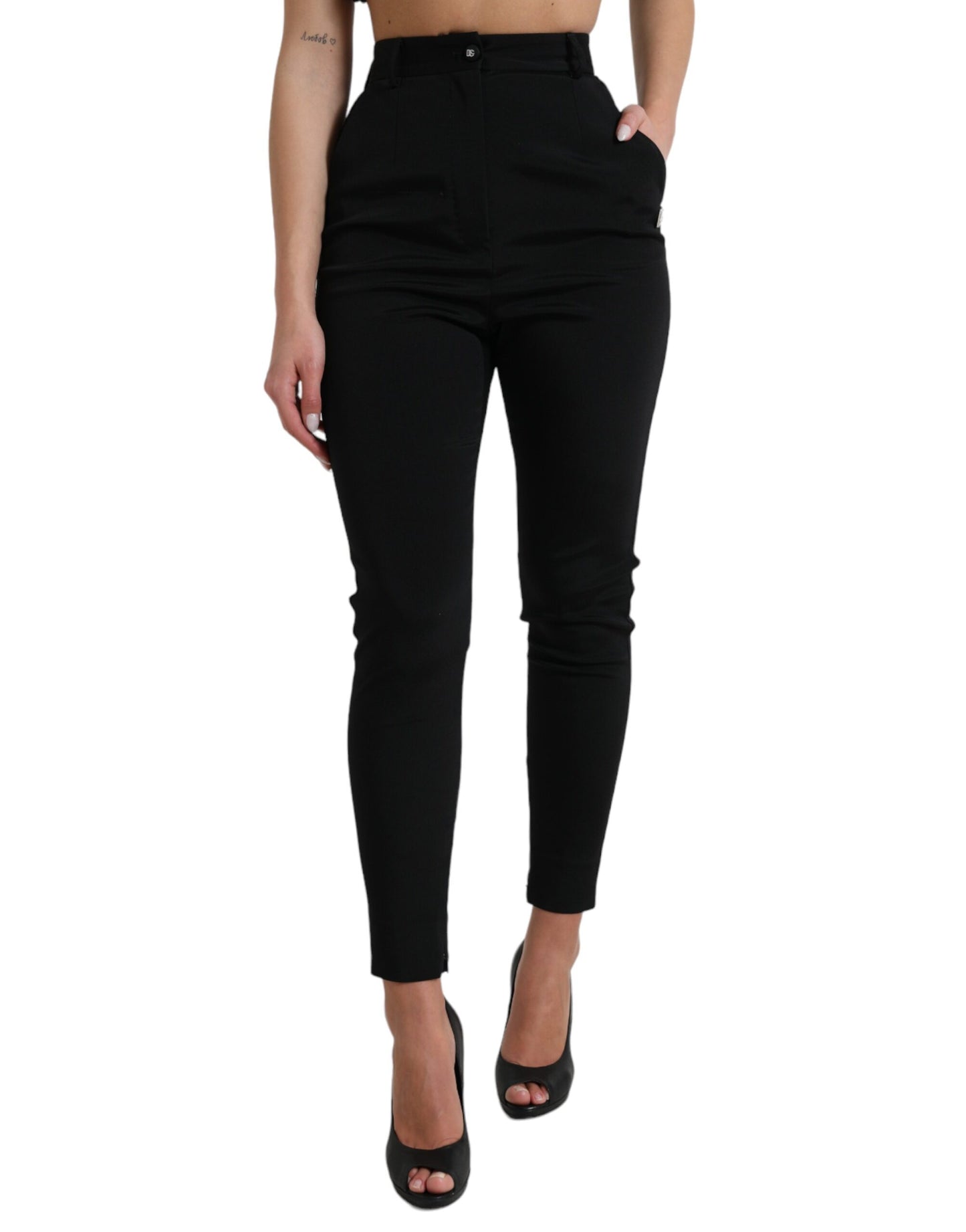 Zwarte wollen stretch skinny broek met hoge taille