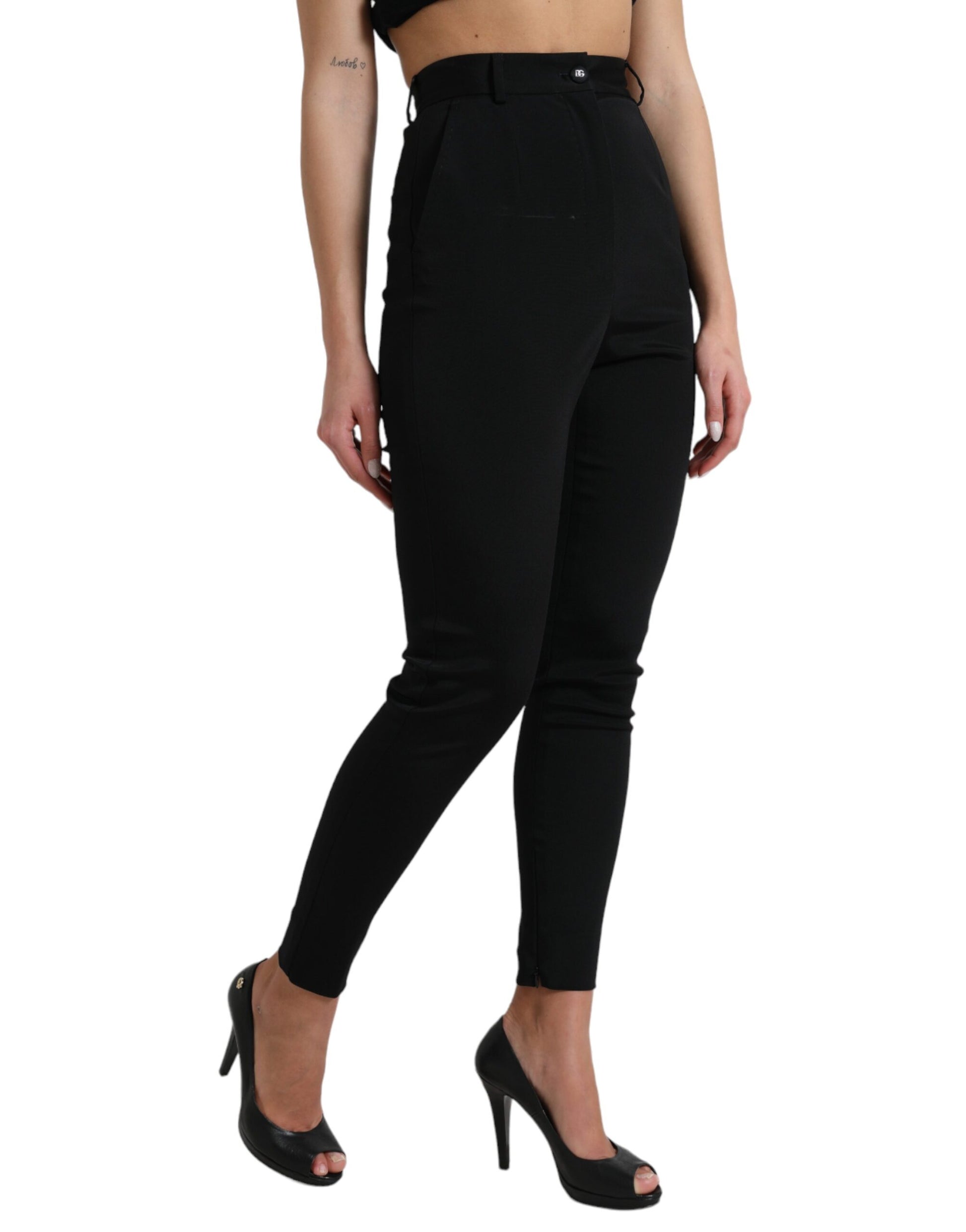 Zwarte wollen stretch skinny broek met hoge taille