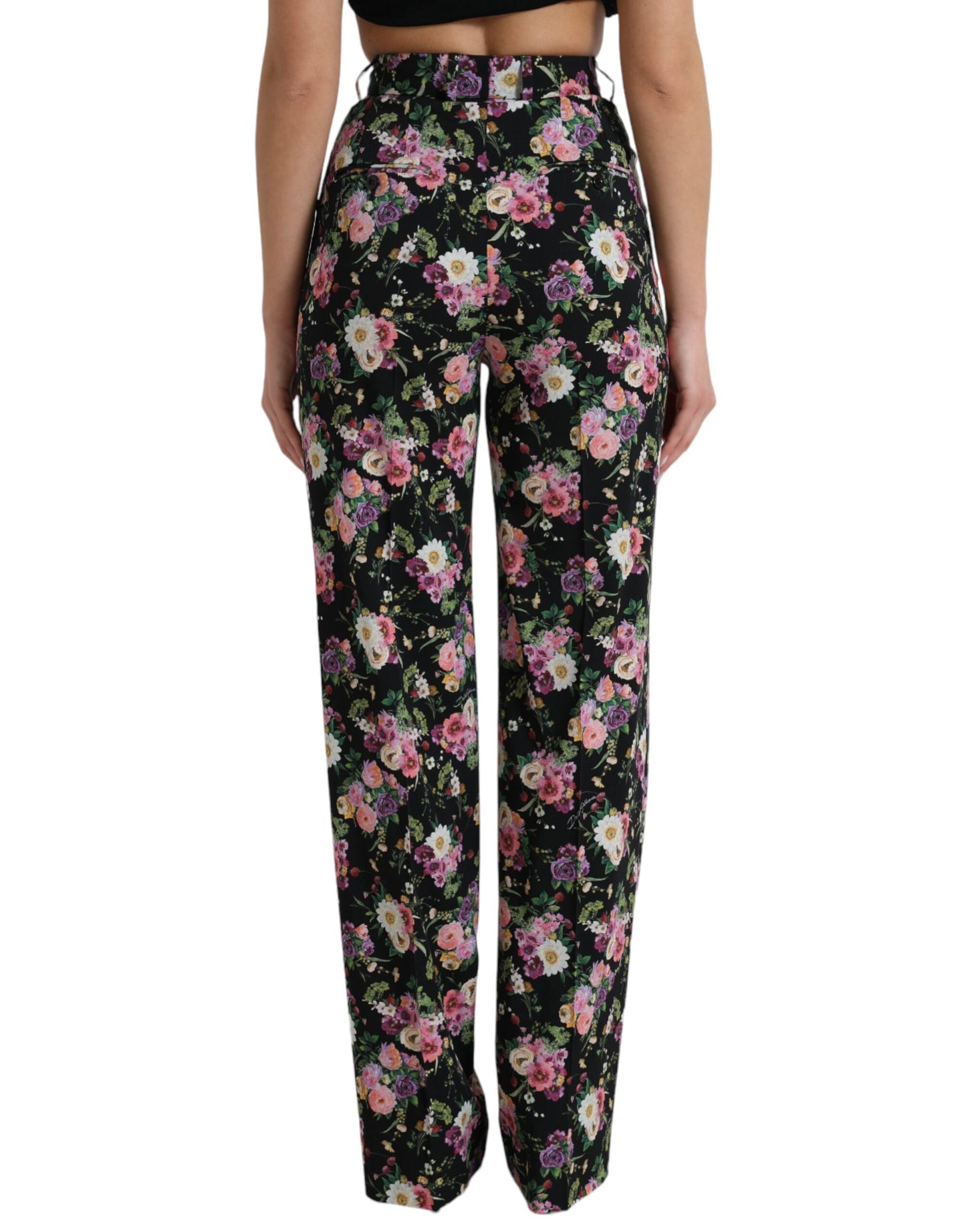 Zwarte bloemenwollen broek met hoge taille en wijde pijpen