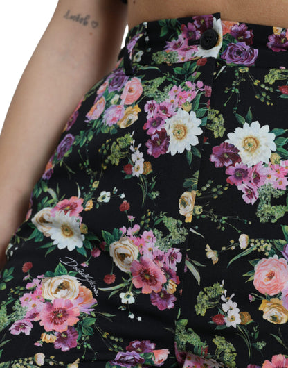 Zwarte bloemenwollen broek met hoge taille en wijde pijpen