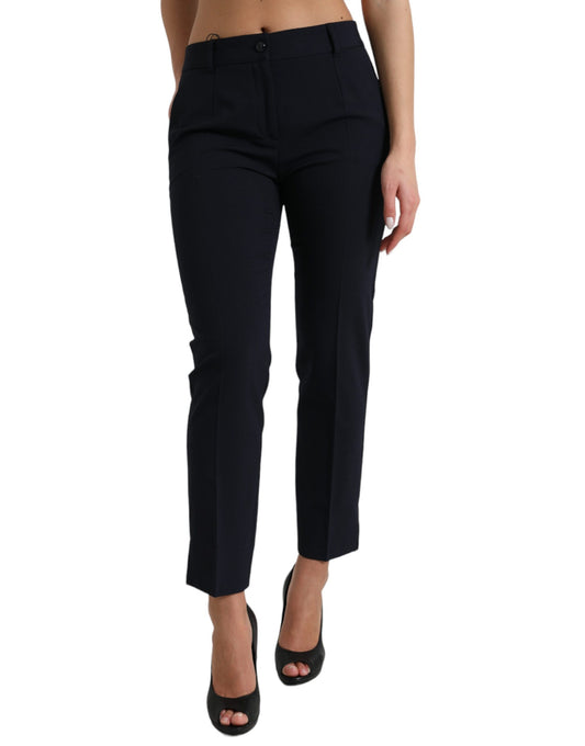 Blauwe taps toelopende cropped broek met middelhoge taille