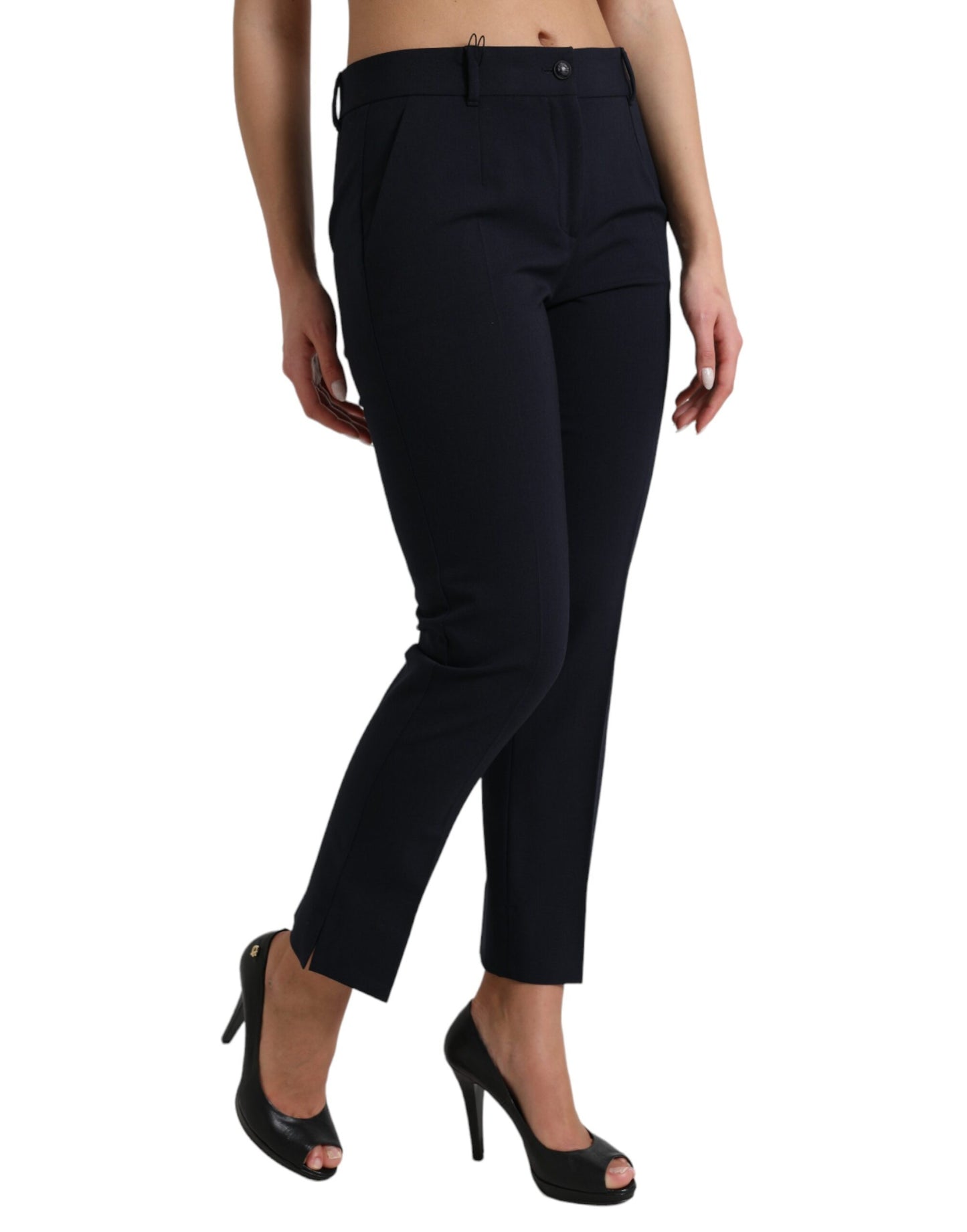 Blauwe taps toelopende cropped broek met middelhoge taille