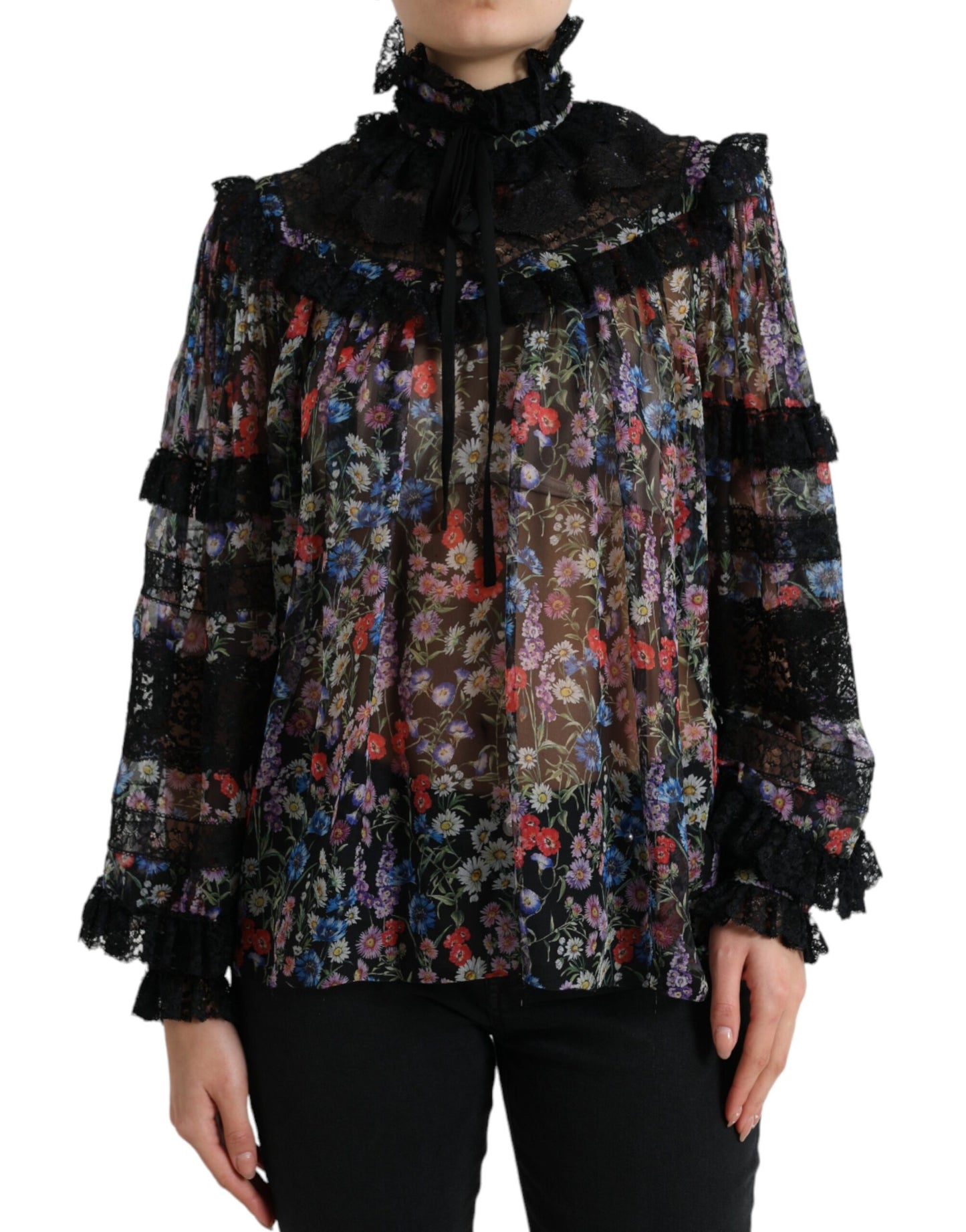 Elegante blusa de seda floral con ribete de encaje