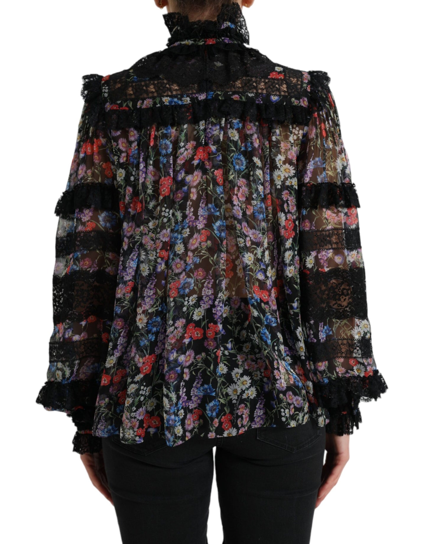 Elegante blusa de seda floral con ribete de encaje