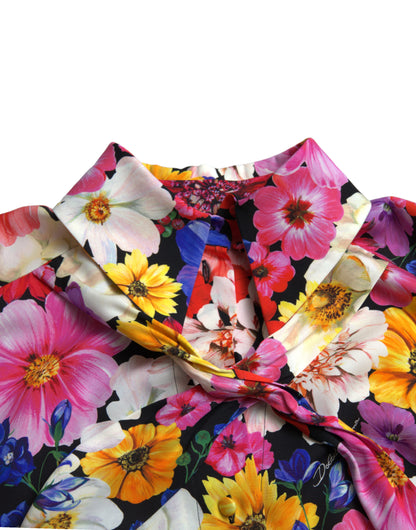 Veelkleurige blousetop met Ascot-kraag en bloemen