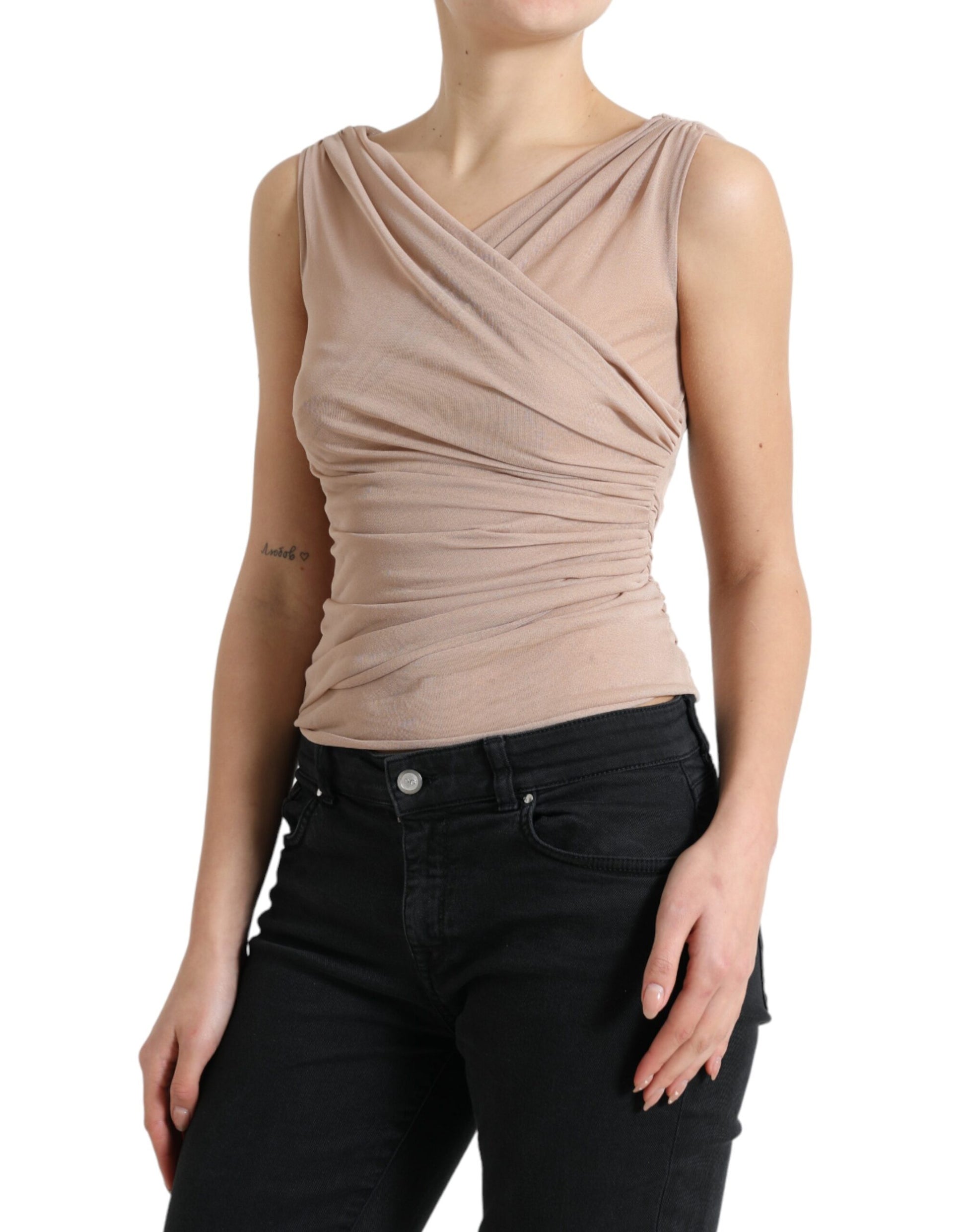 Elegant Beige V-Neck Sleeveless Sheer Tank Top